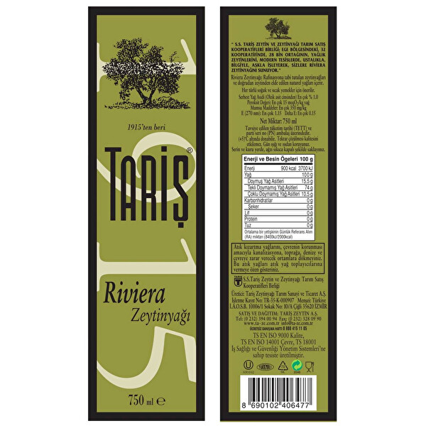 Tariş Riviera Z.Yağı Cam Şişe 750 ml Tariş Riviera Z.Yağı Cam Şişe 750 ml