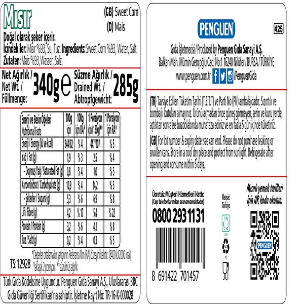 Penguen Konserve Mısır 340 g Penguen Konserve Mısır 340 g