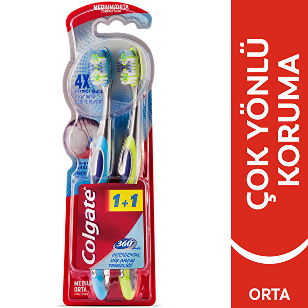 Colgate 360 Diş Arası Temizliği Dil ve Yanak Temizleyicili Orta Diş Fırçası 1+1
