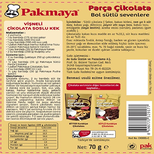 Pakmaya Sütlü Parça Çikolata 70 g Pakmaya Sütlü Parça Çikolata 70 g