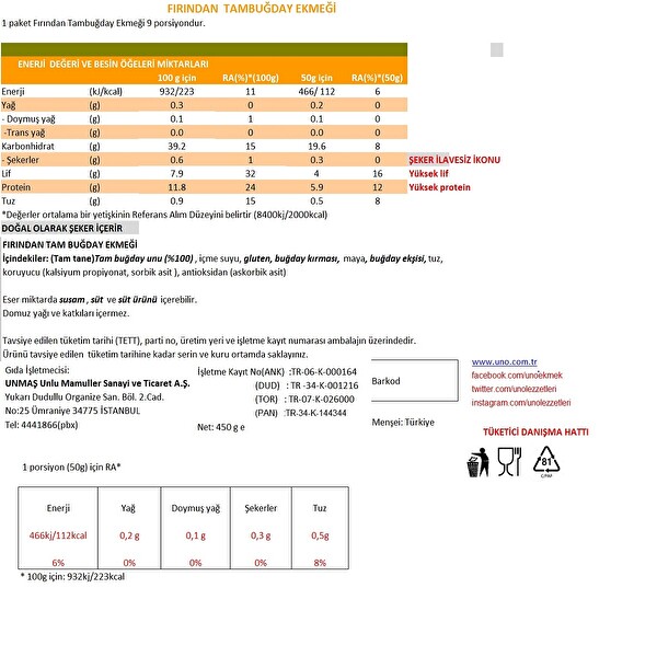 Uno Fırından Tam Buğday 450 g Uno Fırından Tam Buğday 450 g