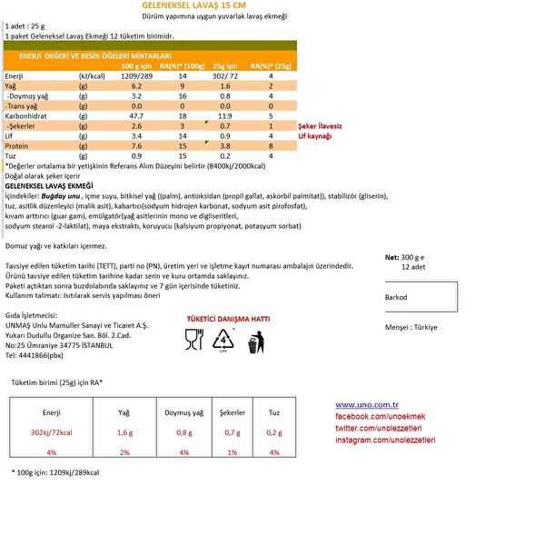 Uno Geleneksel Lavaş 15 Cm 300 g Uno Geleneksel Lavaş 15 Cm 300 g