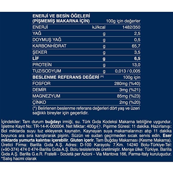 Barilla Integrale Tam Buğday Burgu Makarna 400 g Barilla Integrale Tam Buğday Burgu Makarna 400 g
