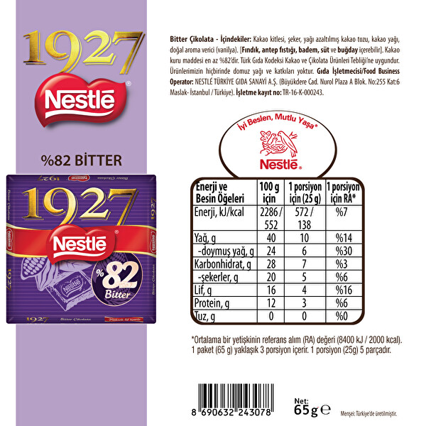 Nestlé 1927 Yüksek Kakaolu Bitter Çikolata 82 Kakao 60 g Kare