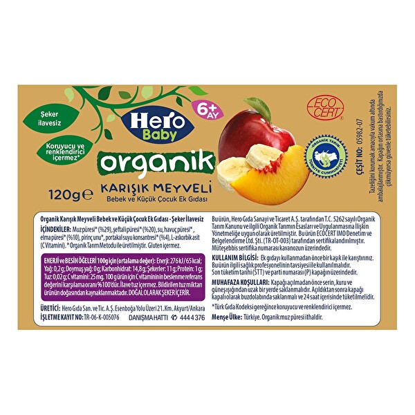 Hero Baby Organik Karışık Meyve Püresi 120 g Hero Baby Organik Karışık Meyve Püresi 120 g