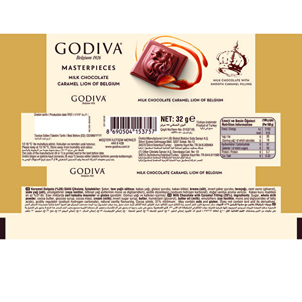 Godiva Sütlü Karamelli Bar Çikolata Aslan 32 g Godiva Sütlü Karamelli Bar Çikolata Aslan 32 g