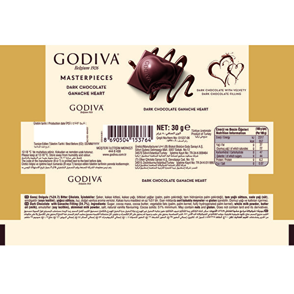 Godiva Bitter Ganajlı Bar Çikolata Kalp 30 g Godiva Bitter Ganajlı Bar Çikolata Kalp 30 g