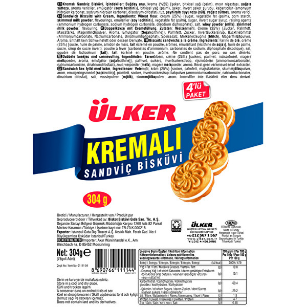 Ülker Kremalı Sandviç Bisküvi 76 g x 4 Adet Ülker Kremalı Sandviç Bisküvi 76 g x 4 Adet