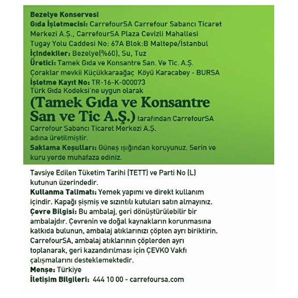 Carrefour Bezelye Teneke 830 G Carrefour Bezelye Teneke 830 G
