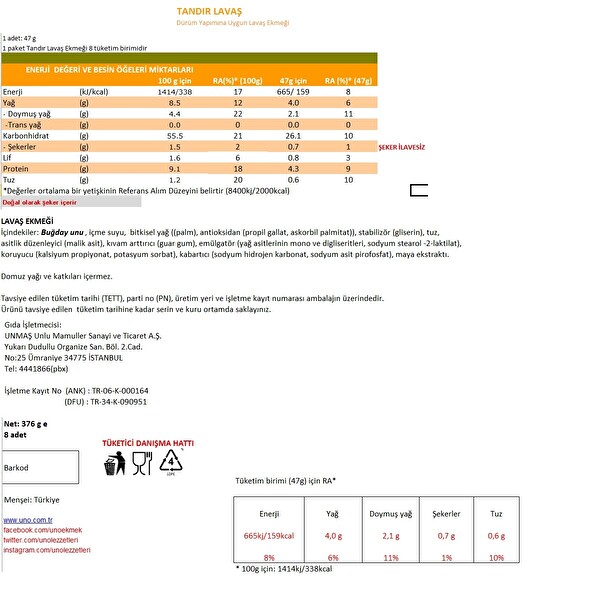 Uno Tandır Lavaş 8'li 376 g Uno Tandır Lavaş 8'li 376 g