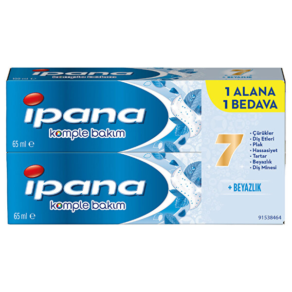 İpana Komple Bakım Diş Macunu + Ağız Bakım Suyu Ferahlık ve Beyazlık 1 Alana 1 Bedava Paketi (65 ml + 65 ml) İpana Komple Bakım Diş Macunu + Ağız Bakım Suyu Ferahlık ve Beyazlık 1 Alana 1 Bedava Paketi (65 ml + 65 ml)