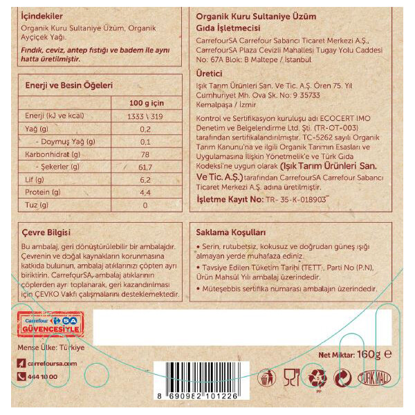 Carrefour Bio Organik Kuru Sultaniye Üzüm 160 g Carrefour Bio Organik Kuru Sultaniye Üzüm 160 g