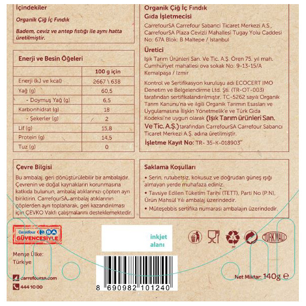 Carrrefour Bio Organik İç Fındık 140 g Carrrefour Bio Organik İç Fındık 140 g