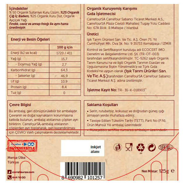 Carrefour Bio Organik Üzüm Badem Dut 125 g Carrefour Bio Organik Üzüm Badem Dut 125 g