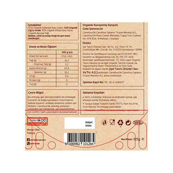 Carrefour Bio Organik Üzüm İç Fındık Vişne 125 g Carrefour Bio Organik Üzüm İç Fındık Vişne 125 g