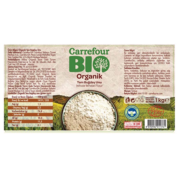 Carrefour Bio Organik Tam Buğday Unu 1 kg Carrefour Bio Organik Tam Buğday Unu 1 kg