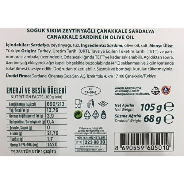 Dardanel Zeytinyağlı Sardalya 105 g