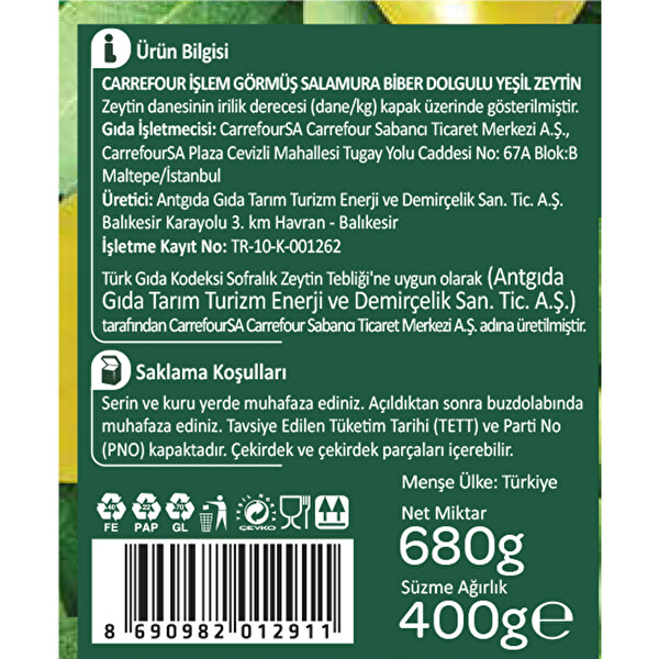 Carrefour Kırmızı Biber Dolgulu Yeşil Zeytin 400 g 30218683 CarrefourSA