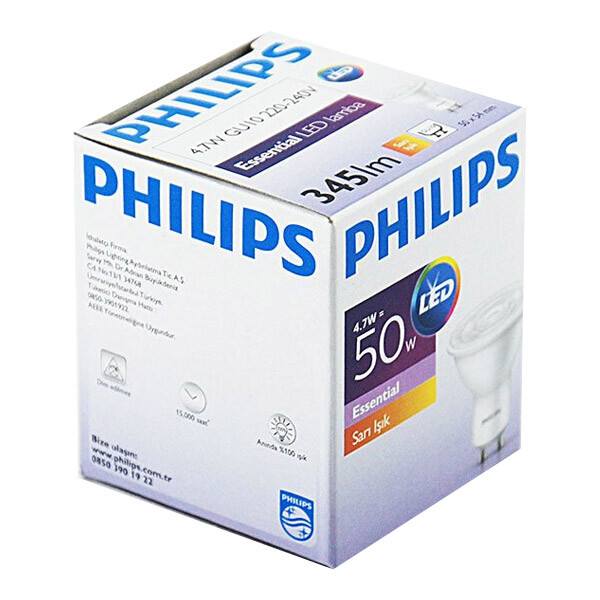 Philips Essential GU10 Duylu 4,7-50 Watt Sarı Işık 2700 K Philips Essential GU10 Duylu 4,7-50 Watt Sarı Işık 2700 K