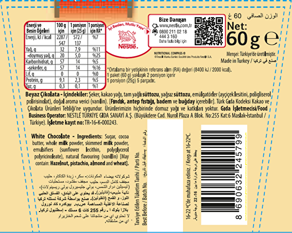 Nestle Beyaz Çikolata Kare 60 g Nestle Beyaz Çikolata Kare 60 g