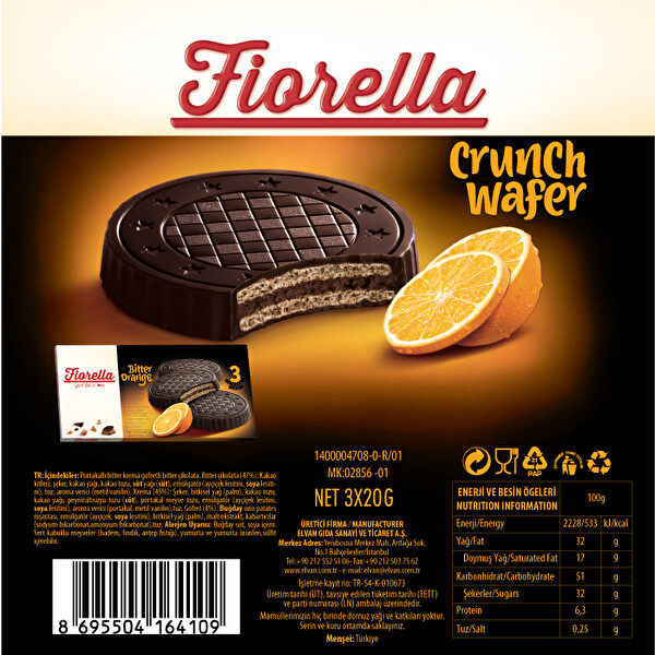Fiorella Crunch Bitter Çikolatalı Portakal Kremalı Gofret  20x3 g