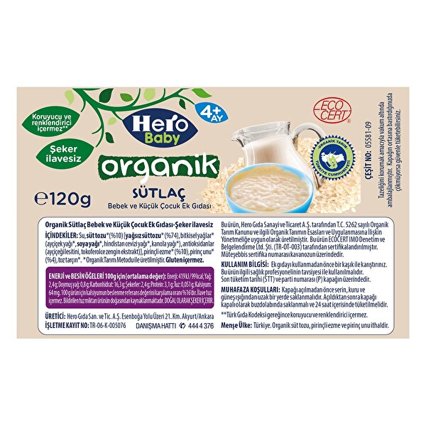 Hero Baby Organik Sütlaç Ek Gıda 120 g Hero Baby Organik Sütlaç Ek Gıda 120 g