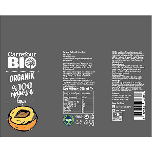 Carrefour Bio Organik Kayısı Suyu 250 ml Carrefour Bio Organik Kayısı Suyu 250 ml