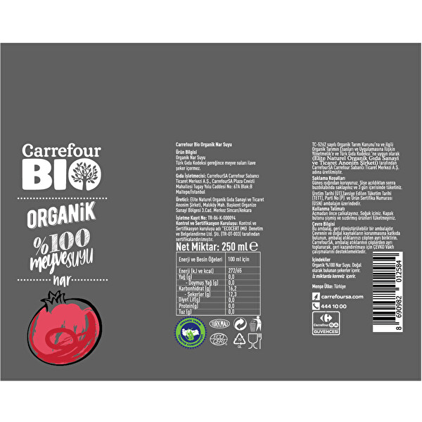 Carrefour Bio Organik Nar Suyu 250 ml Carrefour Bio Organik Nar Suyu 250 ml