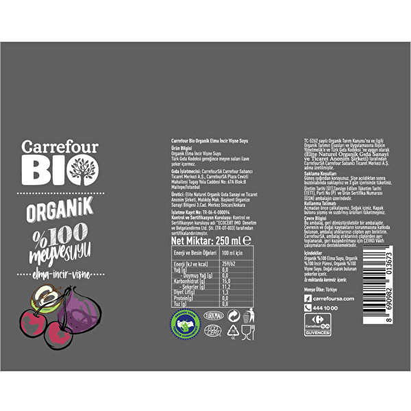 Carrefour Bio Organik Elma İncir Vişne Suyu 250 ml Carrefour Bio Organik Elma İncir Vişne Suyu 250 ml