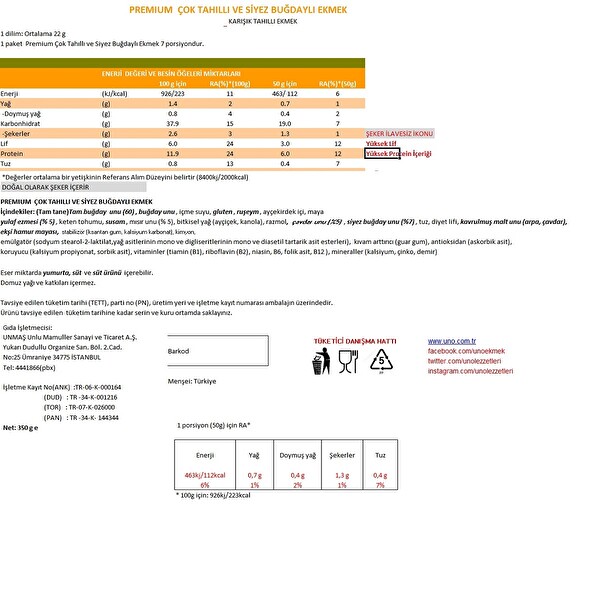Uno Premium Çok Tahıllı ve Siyez Buğdaylı Tost Ekmeği 350 g Uno Premium Çok Tahıllı ve Siyez Buğdaylı Tost Ekmeği 350 g