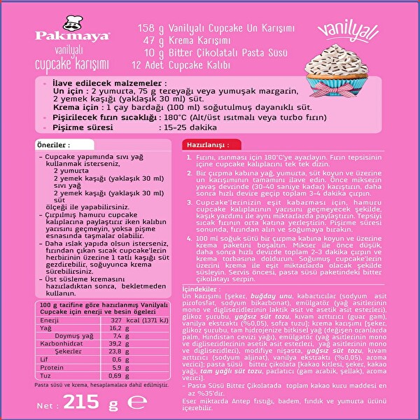 Pakmaya Cupcake Vanilyalı 215 g Pakmaya Cupcake Vanilyalı 215 g