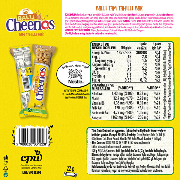 Nestle Cheerios Tam Tahıllı Bar 22 g Nestle Cheerios Tam Tahıllı Bar 22 g