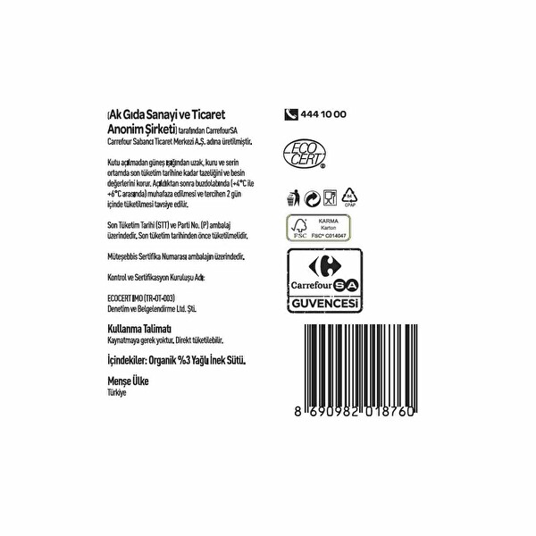 carrefour bio organik sut 1 lt