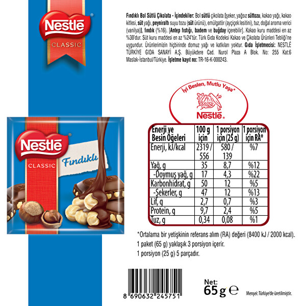 Nestle Classic Sütlü Fındıklı Çikolata 65 g Nestle Classic Sütlü Fındıklı Çikolata 65 g