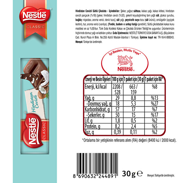 Nestle Classic Hindistan Cevizli Çikolata 30 g