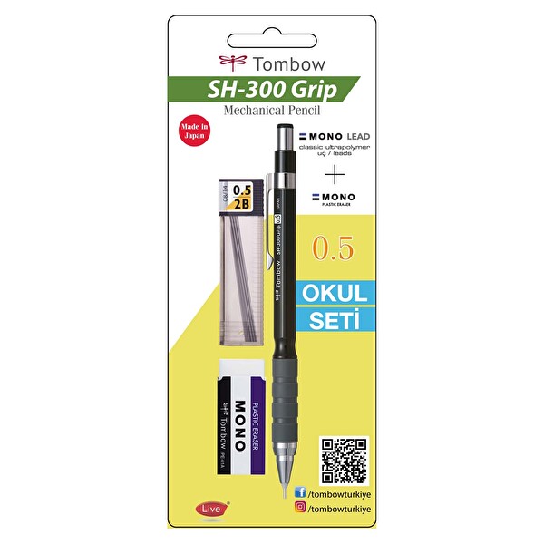 Tombow SH-300 Grip 0.5 Uçlu Kalem + Kalem uçu + Silgi Okul Seti Siyah