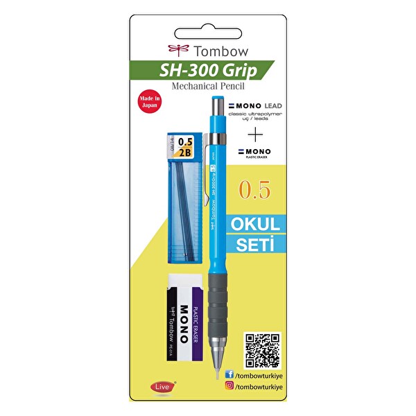Tombow SH-300 Grip 0.5 Uçlu Kalem + Kalem uçu + Silgi Okul Seti Mavi