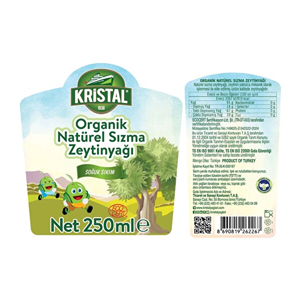Kristal Organik Naturel Sızma Zeytinyağı 250 ml
