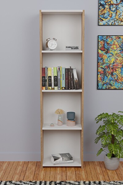 5 Raflı Kitaplık Seti Arkalıklı Dar Raf Kütüphane 170 cm - Atlantik Çam - Beyaz